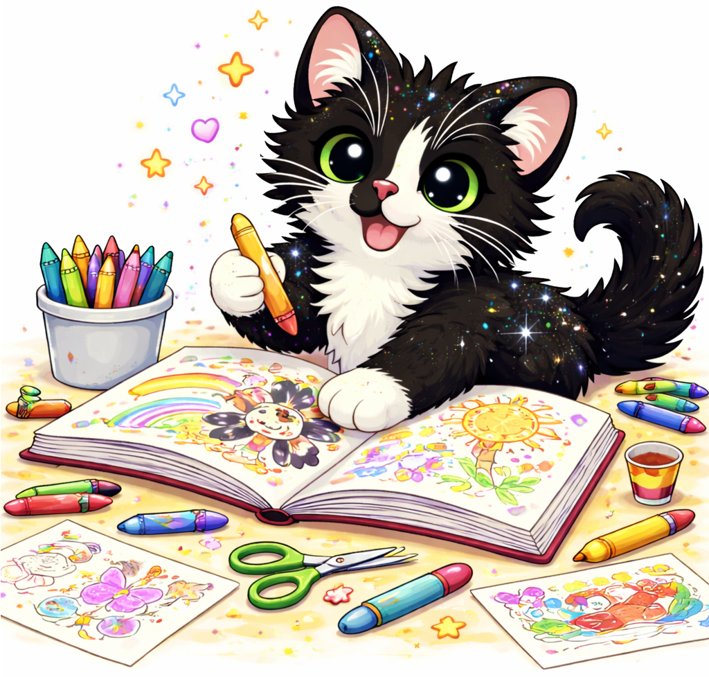 Süße Gizzy Katze beim Ausmalen mit Buntstiften und Malbüchern - liebevoll gezeichnet im charakteristischen Gizzy-Stil