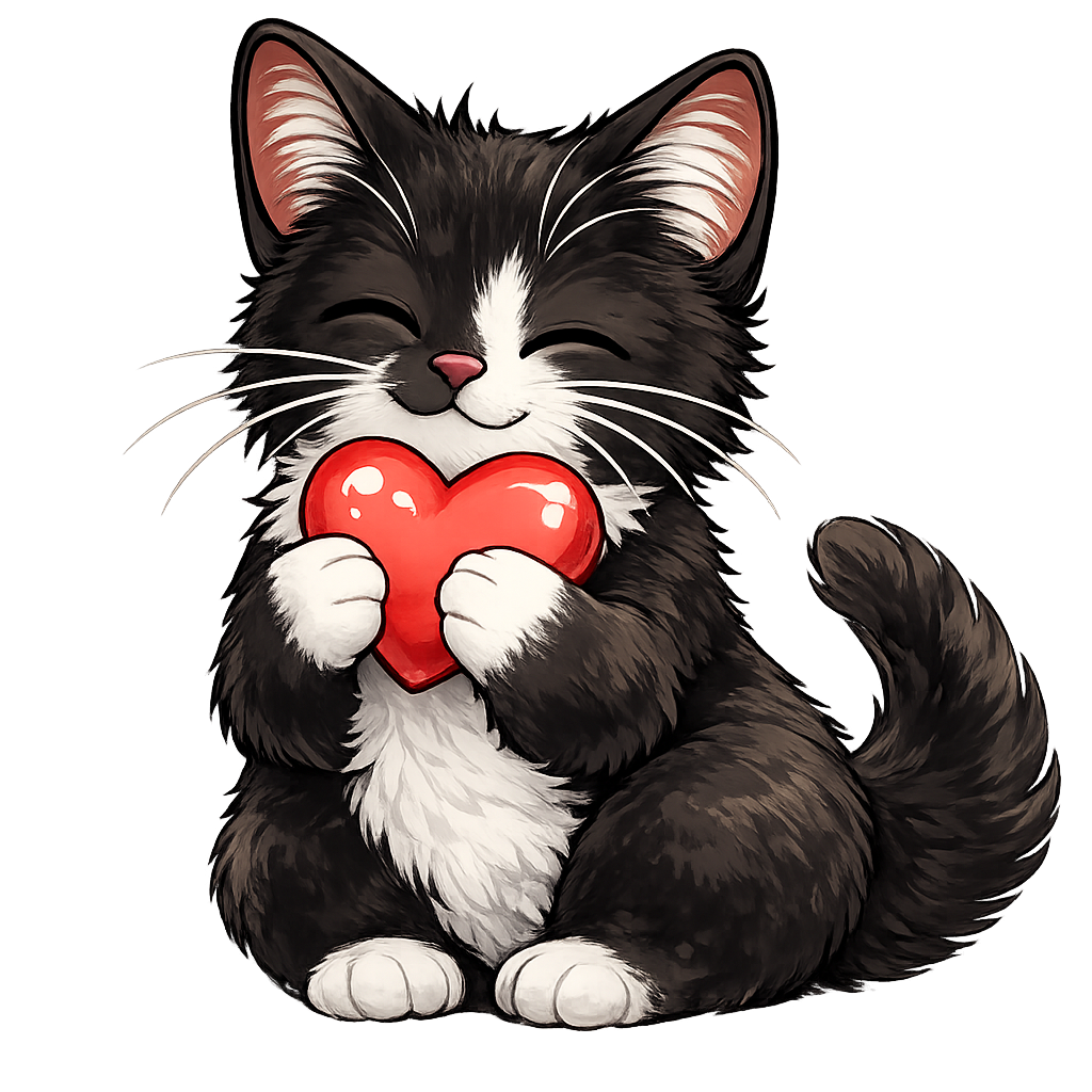 Sweet Gizzy the cat holding a heart, expressing love and warmth