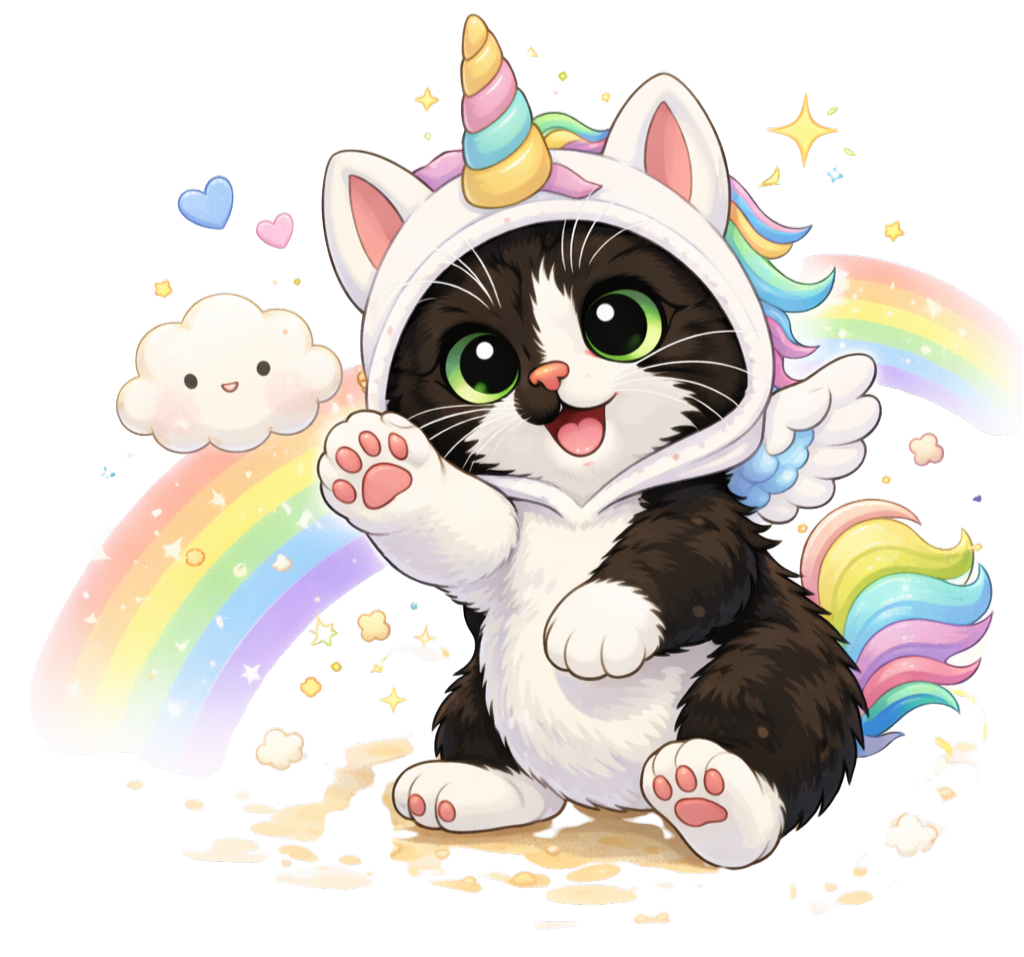 Magical Gizzy unicorn with rainbows, hearts, and sparkles